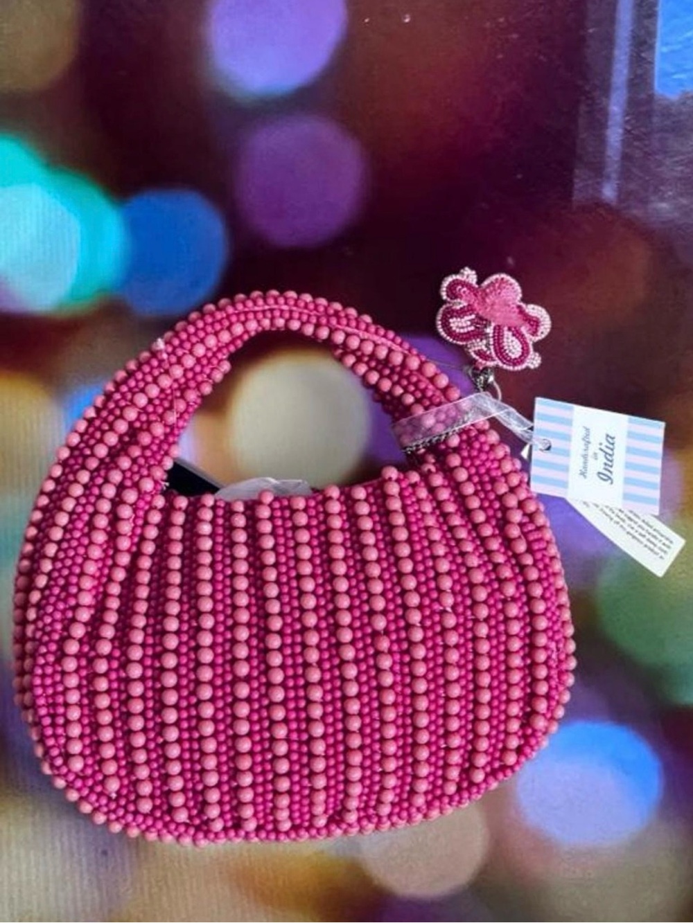 NWT Pink Beaded Round Hand Bag & Charm SMALL texture rich